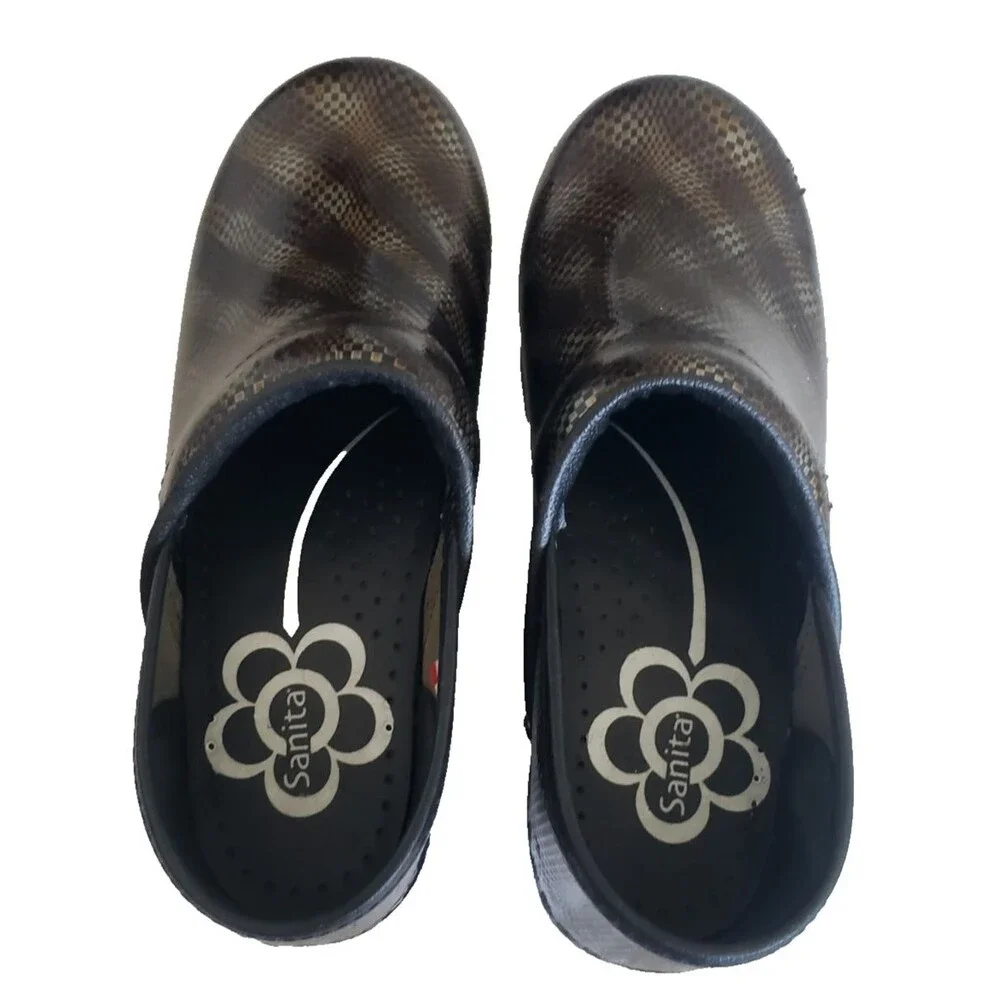 NEW Women's Sz 6 / 36 SANITA Patent Leather Clog Gold Bronze Black Silver Weave